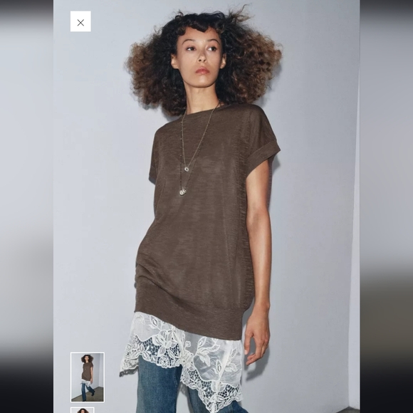 Zara Dresses & Skirts - Zara Brown Tunic Dress with Lace Hem